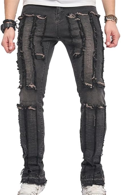 VIVICOLOR Mens Black Stacked Jeans Slim Fit Ripped Jeans Stacked 