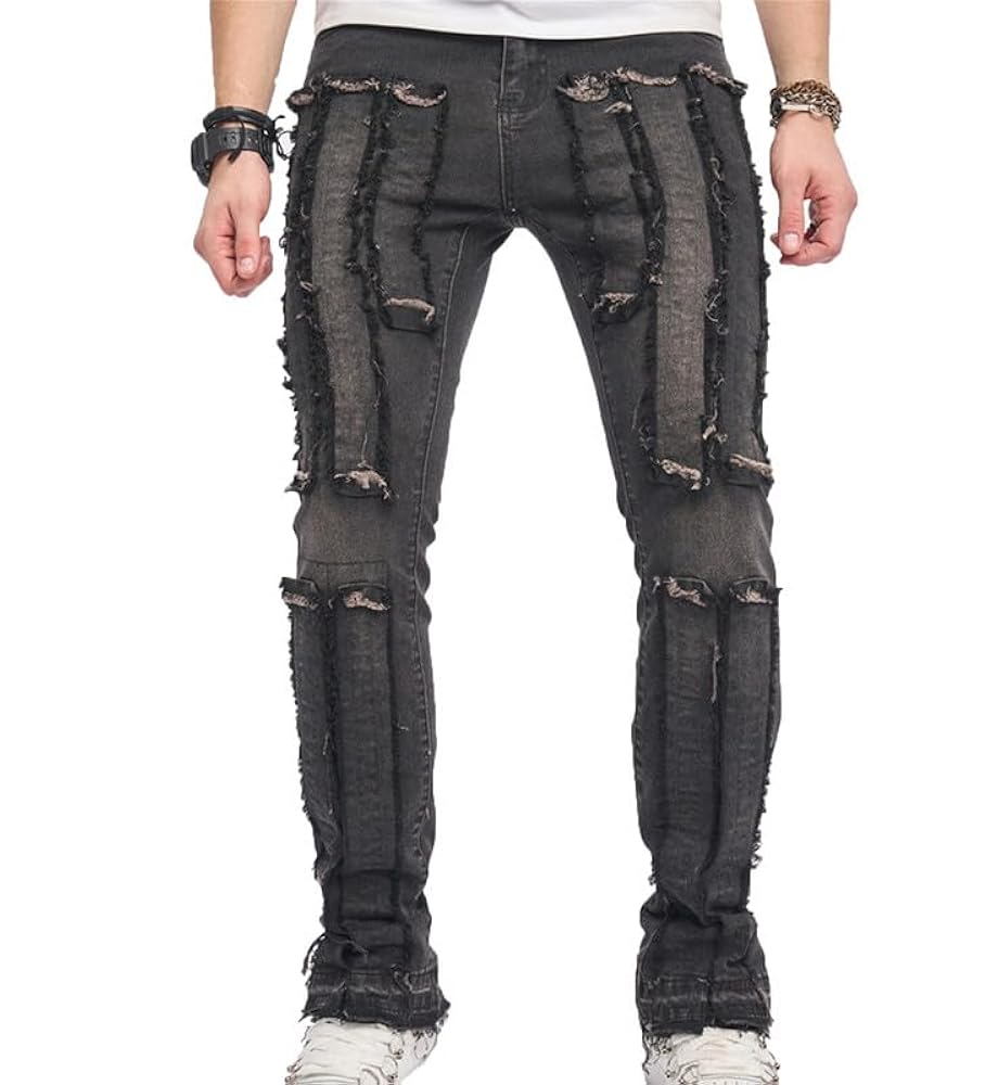 Jeans da Uomo alla Moda Casual impilati Jeans sfilacciati Neri Pantaloni in  Denim Distrutti Pantaloni da Uomo alla Moda Streetwear : Amazon.it: Moda