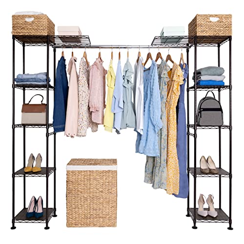 Seville Classics Closet Garment Organizer With Metal Hanging Rod Wardrobe Storage System W/Steel Shelves For Clothes, Shirts, Jackets, Coats, Blankets, Shoes, 58" To 83" W X 14" D X 72", Satin Bronze #TOP4