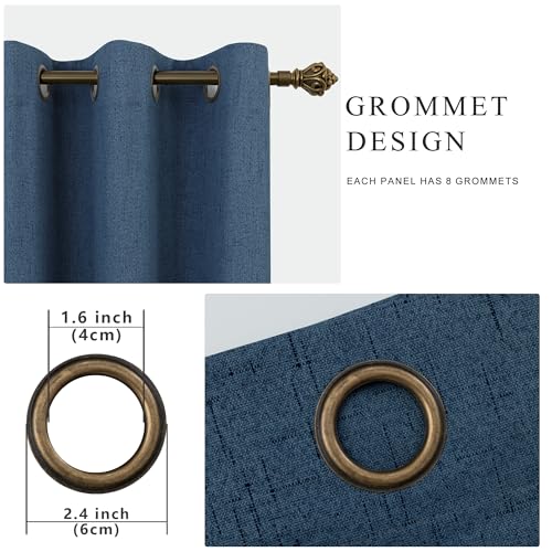 Image of 100% Blackout Linen Textured Curtains for Bedroom Full Light Blocking Room Darkening Bronze Grommet Window Drapes Thermal Insulated Energy Efficient Home Decor 52x108 Navy Blue (2 Panels)