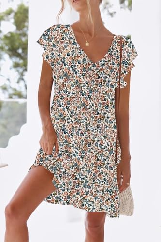 Image of nclook Womens Summer Casual Dresses Sweet Cute V Neck Mini Dress with Pockets Ruffle Short Sleeve