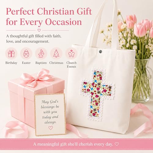 Image of Christian Tote Bag Gift for Women, Canvas Bible Bag Handmade Floral Cross | Christian faith-inspired gift, handcrafted cross with lace, inner pocket, snap closure, bottom gusset, church Bible study use