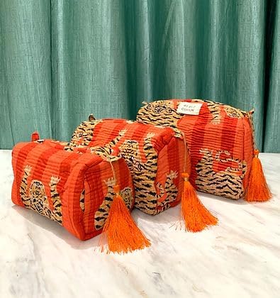 YILLE Set of 3 Pieces Block Printed Travel Organizer Kit Storage Bag for Women Makeup Bag Travel Cosmetic Bag (Orange fat tiger) - Image 5
