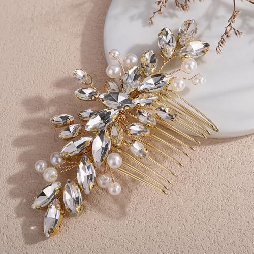 Peine para cabello con cristales y perlas dorado miniatura 2