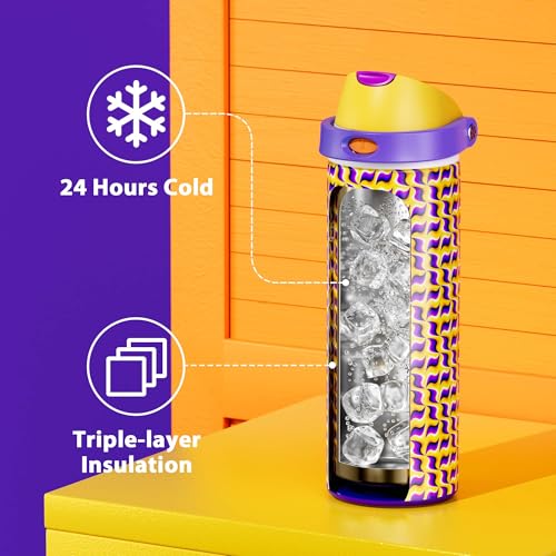 Image of 24 oz Insulated Water Bottle with Straw: Meoky Stainless Steel Water Bottle with Holder and Strap - Leak Proof, Cold for 24 Hours, Fits in Car Cup Holder, BPA-Free for Travel Sports Gym, Optic Wave