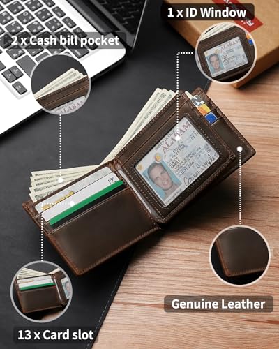 Image of Artpaxy Mens Wallet Bifold Genuine Leather RFID Blocking Wallet for Men with 1 ID Window 13 Card Holders 2 cash pockets 1 Gift Box