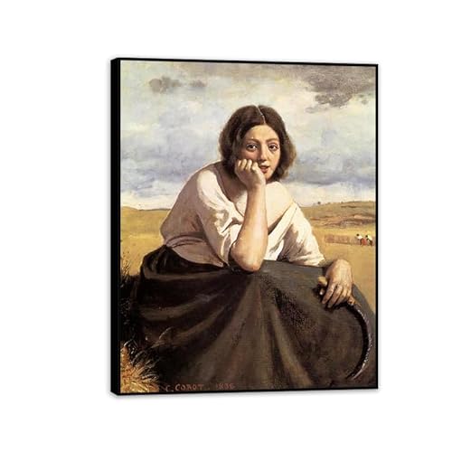Jean Baptiste Camille Corot Wall Art Harvester Holding Her Sickle Classic Landscape Canvas Print Famous Artwork Wall Decor for Living Room Bedroom Office Home Decor 65x50cm(26x19in)Black Frame