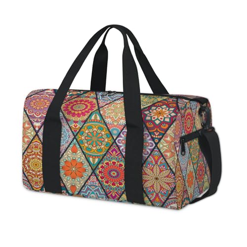 Bohemian Mandala Sports Duffle Bag for Women Men Waterproof Overnight Weekender Bag with Adjustable Strap Travel Tote Bags for Beach Yoga Work Dance Swim