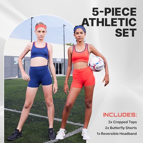 Essenclo Girls Clothing Athletic Sets Sleeveless Crop Tank Tops & Bike Shorts Cheer, Gymnastics, Volleyball Size 3-16 (5 Pcs) - E2108 - Set-10-9-10