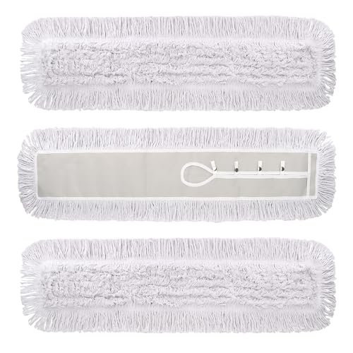 Image of 48 Inch Dust Mop Head: Replacement Medium Washable Commercial Mop Head Sweeper and Janitorial Replacement with Botton (White - 48 Inch, 3 Pack, Botton)