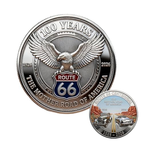 Pièce commémorative du 100e anniversaire de la Route 66 1926-2026 – Jeton 100 ans de liberté La route mère, cadeau de collection pour collectionneurs et amateurs d'histoire (1 pièce)