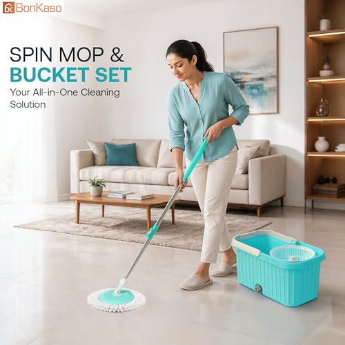 Image of BonKaso 360 Spin Square Mop Bucket Set for Floor Cleaning (Tiles, Marble & Wooden Floors) | Plastic Mop Bucket with Extendable Stainless Steel Handle & Removable Wringer | Microfiber Floor Cleaner