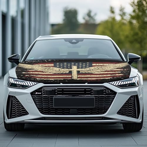 Image of Car Hood Cover Protector Waterproof Stretchable Car Hood Wrap Blanket Auto Patriotic Decorations for Compact Sedans SUV Trucks Pickup (American Flag Cross Wings Design)