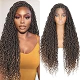 HANNE Full Lace Faux Locs Wigs for Black Women 30 Inch Knotless Braided Ombre Brown Goddess Locs Crochet Hair Wig Curly Dreadlock Wig Synthetic Twist Wigs with Baby Hair