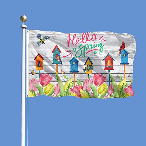 Senseven Hello Spring Birds Floral Flag 3X5 Ft Banner, Decorative Spring Cardinal Butterflies Tulips Banner With Brass Grommets For Home Porch Yard Farmhouse Outdoor Decor #TOP6