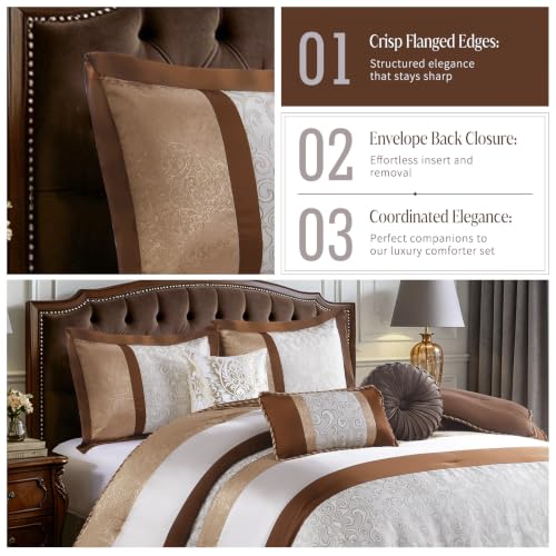 Image of CozyDH King Comforter Set Brown Cream - 7 Piece Luxury Jacquard Damask Bed in a Bag, Elegant Twisted Cord Edging, All Season Down Alternative Bedding with Bed Skirt, Shams, Decorative Pillows