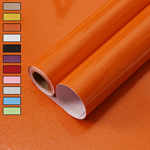 WADILE Peel and Stick Wallpaper, Shiny Contact Paper Solid Color Waterproof, Vinyl Colored Wall Paper Self Adhesive, Glossy Wallpaper Removable for Cabinets (Orange, 15.7