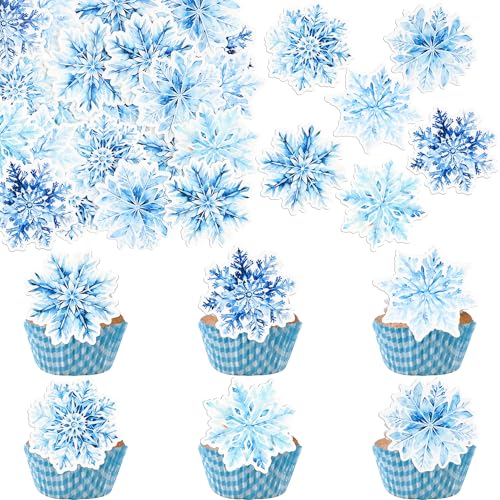 Gyufise 60Pcs Edible Snowflake Cupcake Toppers Winter Cupcake Picks Water Paper Winter Frozen Cake Decorations for Snowflake Theme Baby Shower Kids Birthday Party Supplies Multi Blue
