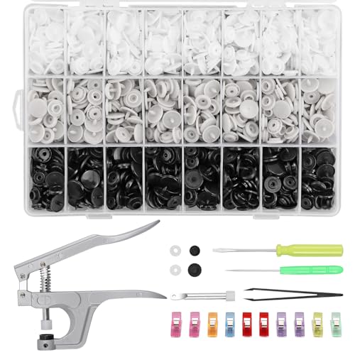 Kamtop Snaps and Snap Pliers Set 408 Sets T5 Plastic Snap Buttons 3 Color Snap Fasteners Press Pliers Snaps Starter Setter Tool for Clothes Sewing Bibs Rain Coat DIY Crafting