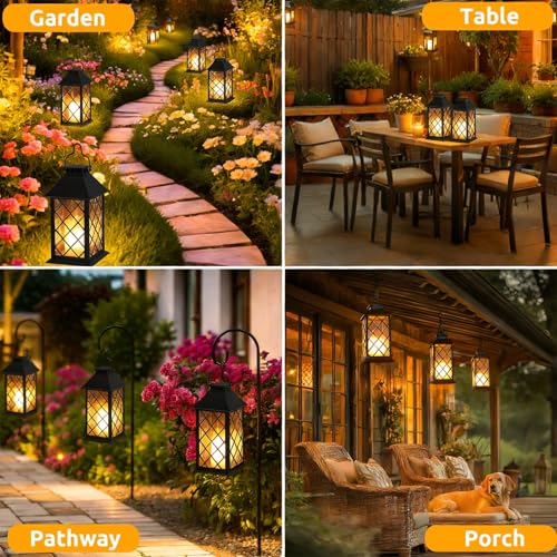 Image of 4 Pack 14 inch Large Tempered Glass Solar Lanterns Outdoor Waterproof | Black retro solar lantern with flickering flameless candles, ideal decoration for wall, porch, patio, table and garden.