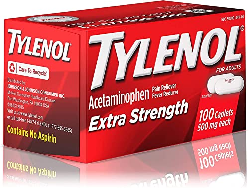 Tylenol Extra Strength Caplets With 500 Mg Acetaminophen, Pain Reliever & Fever Reducer, Acetaminophen For Minor Arthritis Pain, Headache, Backache & Menstrual Pain Relief, 100 Ct #TOP3