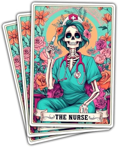 Image of (3PCs) The Nurse Tarot Vinyl Sticker, The Nurse Tarot Card Holographic Stickers, RN Skeleton Hologrpahic Vinyl Stickers, Fun Nursing Decal for Laptop Water Bottle Phone Car Helmet 3 inch (Normal, 2in)