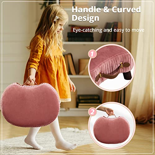 Small Curved Foot Stool With Handle, Pink Velvet Footstool And Ottomans, Modern Foot Rest With Wooden Legs, Step Stool With Padded Seat For Couch, Living Room #TOP2