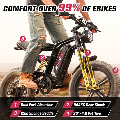 Windone E2 Electric Bike for Adults, Full Suspension, 48V13Ah Removable Battery, Up to 28MPH & 46.6 Miles (PAS), 1000W Ebike with All-Terrain 4.0″ Fat Tires, Cruise Control, UL Certified, Moped E-Bike