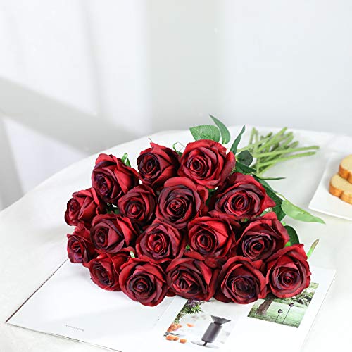 Image of Tifuly Artificial Roses 40cm Single Long Stem Rayon Bridal Bouquet Realistic Flower for Home Garden Party Hotel Office Decoration (Flowering Roses Burgundy)