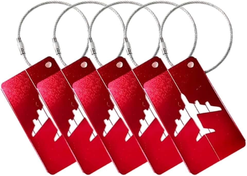 Kit c/ 5 Tags de Mala de Viagem com Alça de Aço, Identificador de Bagagem de Avião, Etiqueta de Identificação de Bagagem (Vermelho)
