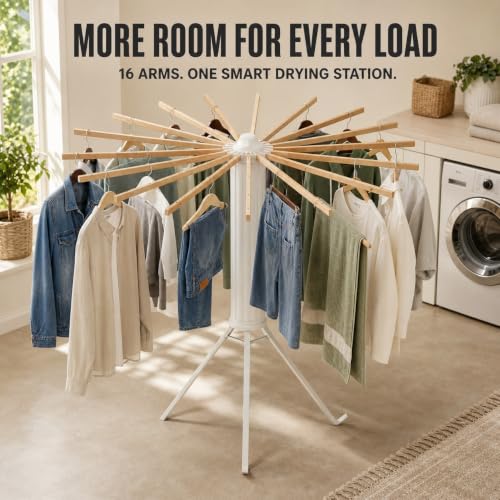 Image of Clothes Drying Rack Foldable, Portable Laundry Drying Rack for Clothes with 16 Wooden Rods & 48 Windproof Slots, Collapsible Tripod Dry Rack for Apartment, RV, Balcony