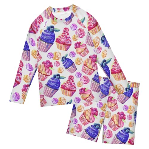 Aflyko Kids' Bathing Suit Set Cupcake Fun Long Sleeve Swim Tops with Shorts Summer Vacation Pool Party Rashguard Fun Cute Infant Beachwear, 4T Multicoloured