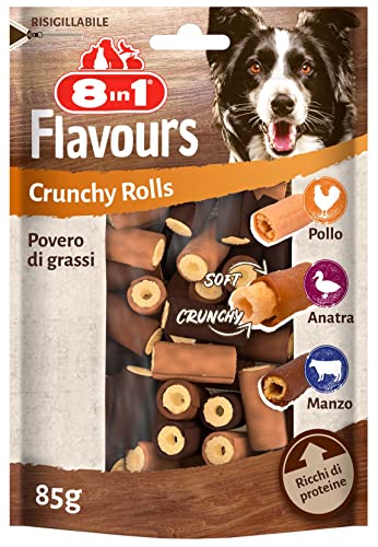 8in1 Flavours Crunchy Rolls Snack con petto di pollo, petto d'anatra o gustosa carne di manzo, per cani di tutte le taglie - 85 g