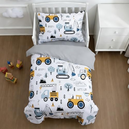 NTBED 4 Pieces Construction Toddler Bedding Set for Baby Boys,Tree Truck Vehicles Excavator Cars Printed, Includes Comforter, Flat Sheet, Fitted Sheet...