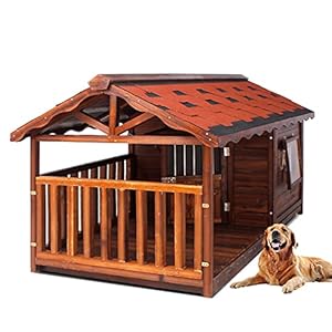 JHKGY Hundehütte Aus Holz,Extra Große Hundehütte Mit Tür Für Den Innen- Und Außenbereich,Mit Veranda Blockhaus Zwinger,Mit Zaunbereich Und Abziehbarer Bodenplatte,Einfach Zu Säubern,XXL