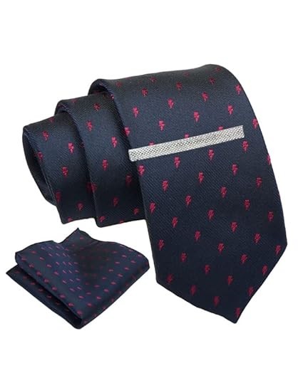 Axlon Navy Geometric Tie For Men – Formal Ties Set With Pocket Square & Tie Pin Clip For Mens, Silk Neckties Gift Sets For Men’s (AXNW41)