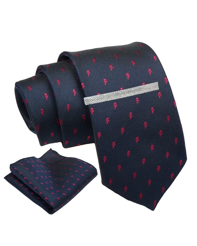 AxlonTie for Men – Micro Silk Neck Ties Set with Cufflinks Flower Pin, Pocket Square & Black Gift Box, Combo Necktie Sets for Office Wear, Formal Suits & Weddings (Navy, AXNW41)