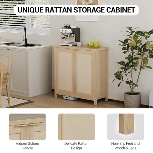 Image of Farmhouse Rattan Buffet Cabinet with Storage, 34.3 inch Accent Sideboard with Adjustable Shelves, Kitchen Console Table for Living Room, Dining Room & Entryway
