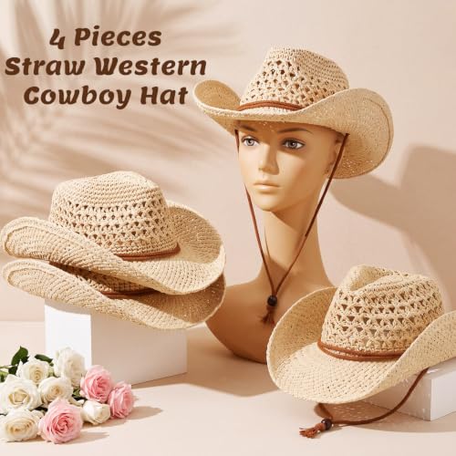 Image of Unittype 4 Pcs Straw Cowboy Hats with Windproof Rope