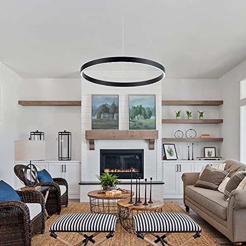 Image of MADEM Modern Black LED Pendant 1-Ring Circular Contemporary Chandelier | Room Decor 23.6'' Flush Mount Pendant Lighting for Living Dining Room Bedroom, 6000K Cool White,Black