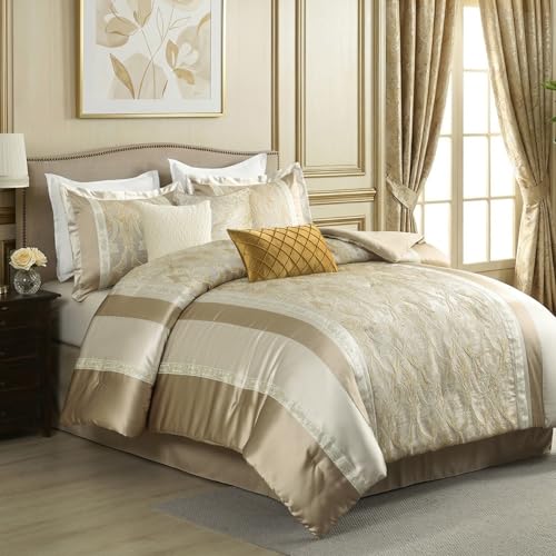 Image of CozyDH Comforter Set California King, Champagne Gold Beige - Luxury 7 Piece Bed in a Bag Jacquard Damask Vintage Floral, All Season Down Alternative Bedding with Skirt, Shams, Decor Pillows, 104x96 in