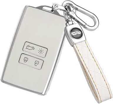 Key Fob Cover Compatible with Renault Koleos Captur Megane Clio Scenic Talisman Arkana Car Accessories TPU Silver-Edge Smart Remote Auto Key Case with Leather Keychains-Whtie