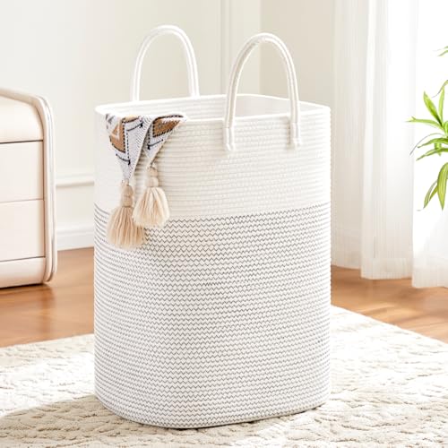 Image of Laundry Basket,Woven Cotton Rope Laundry Hamper,Versatile Storage for Dirty Clothes,Baby Toys,and Blankets in Bathroom, Nursery,and Living Room (White, 60L)