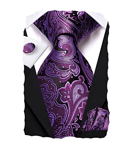 Image of Hi-Tie Men 63inches Tie Set Extra Long Necktie Paisley Tie Pocket Suqare Cufflinks Big and Tall Men Tie