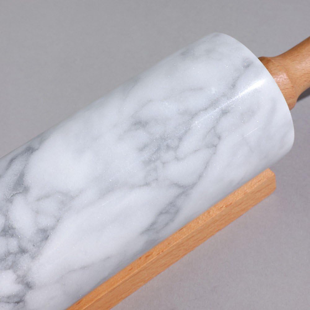 Mattarello in Marmo con Culla in Legno Manico Spesso Set per Cottura Forno, Rullo Lucido di qualità Premium 45 Cm per Impasto della Pizza, Fondente, Crosta di Torta, Superficie Antiaderente