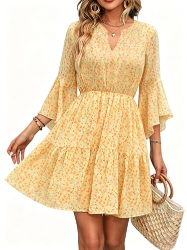 Image of Womens Spring Summer Mini Dress Western Ruffled Sleeve Chiffon V Neck Flowy A Line Short Wedding Guest Party Dresses