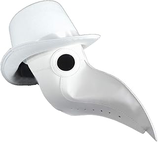 Victorian Plague Doctor Mask w/Matching Top Hat Bird Beak Long Nose Halloween Steampunk Costume Prop Accessory White