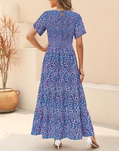 Image of Kranda Women 2025 Summer Fall Crewneck Short Sleeve Smocked Floral Maxi Dress