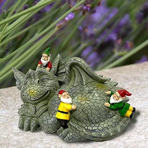 Sleeping Dragon With Mischievous Gnomes Garden Outdoor Statue. Unique Design, Eye-Catching Piece Of Dragon Decor, A Dragon Decoration Laid-Back Pose, Majestic Wings And Friendly Face Make Great Gift.