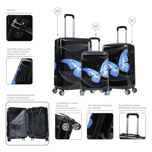Image of InUSA Black Butterfly Print Luggage with Spinner Wheels | Durable Lightweight Hardside Suitcase | Travel Bag with Handle and Trolley | (20in, 24in, 28in) 3 Piece Set